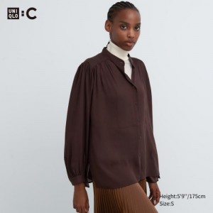 Brown Uniqlo Volume Long-Sleeve Women Blouse | 4503833