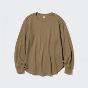 Brown Uniqlo Waffle Crew Neck Long-Sleeve Women T Shirts | 2262418