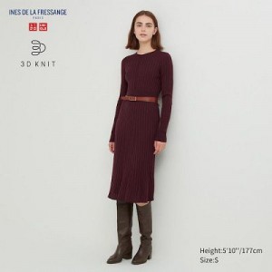 Burgundy Uniqlo 3D Knit Ribbed Crew Neck Long-Sleeve Women Dress | 4164588