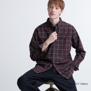 Burgundy Uniqlo Extra Fine Cotton Broadcloth Checked Long-sleeve Men Shirts | 9310063