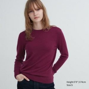 Burgundy Uniqlo Extra Fine Merino Crew Neck Long-Sleeve Women Sweaters | 759532