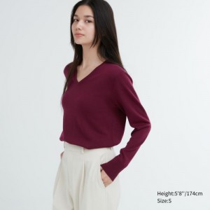 Burgundy Uniqlo Extra Fine Merino V-Neck Long-Sleeve Women Sweaters | 3123393