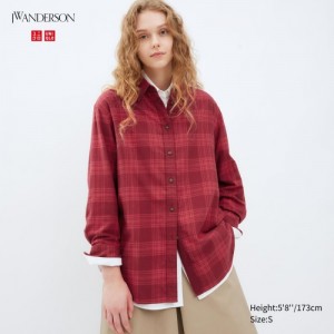 Burgundy Uniqlo Flannel Checked Long-Sleeve Long Women Shirts | 2410616