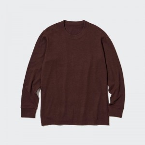 Burgundy Uniqlo HEATTECH Ultra Warm Crew Neck Long-Sleeve Men T Shirts | 7009058