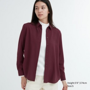 Burgundy Uniqlo Rayon Long-Sleeve Women Blouse | 8162662