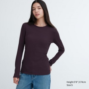 Burgundy Uniqlo Sheer Jersey Crew Neck Long-Sleeve Women T Shirts | 7121333