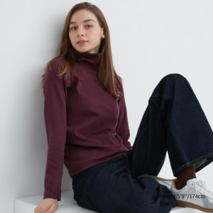 Burgundy Uniqlo Smooth Stretch Cotton Turtleneck Long-Sleeve Women T Shirts | 7222982