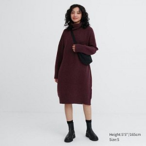 Burgundy Uniqlo Souffle Yarn Turtleneck Women Dress | 3772794