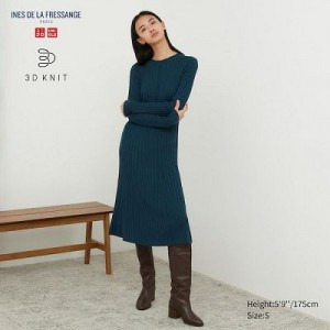 Green Uniqlo 3D Knit Ribbed Crew Neck Long-Sleeve Women Dress | 2854207