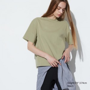 Green Uniqlo AIRism Cotton Short Sleeve Women T Shirts | 5918799