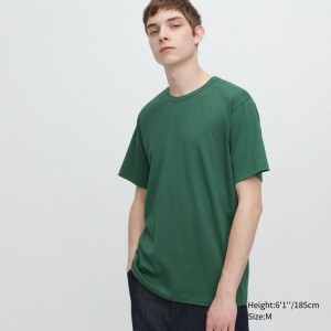 Green Uniqlo Airism Cotton Crew Neck Men T Shirts | 9465665