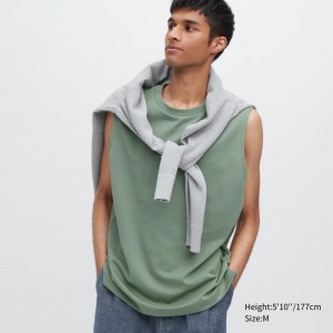 Green Uniqlo Airism Cotton Sleeveless Men T Shirts | 9562308