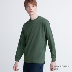 Green Uniqlo Airism Cotton Uv Protection Crew Neck Long-sleeve Men T Shirts | 8730197