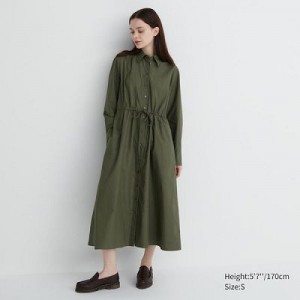 Green Uniqlo Cotton Long-Sleeve Women Dress | 2799760