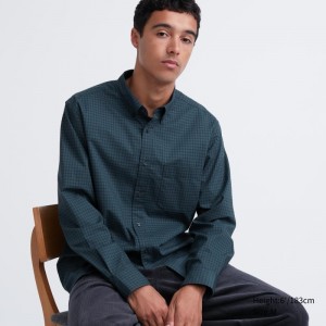 Green Uniqlo Extra Fine Cotton Broadcloth Checked Long-sleeve Men Shirts | 3685475
