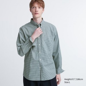 Green Uniqlo Extra Fine Cotton Broadcloth Checked Long-sleeve Men Shirts | 8833584