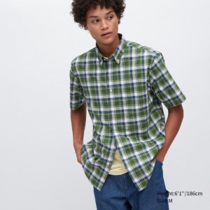 Green Uniqlo Extra Fine Cotton Short-sleeve Men Shirts | 7120572