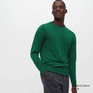 Green Uniqlo Extra Fine Merino Crew Neck Men Sweaters | 3303429