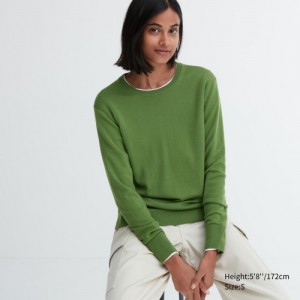 Green Uniqlo Extra Fine Merino Crew Neck Long-Sleeve Women Sweaters | 2190268