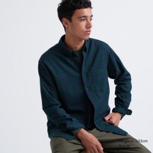 Green Uniqlo Flannel Checked Long Sleeve Men Shirts | 7758620