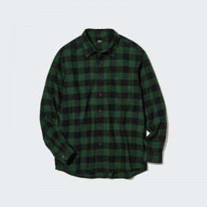 Green Uniqlo Flannel Checked Long-sleeve Men Shirts | 7962091