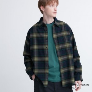 Green Uniqlo Flannel Checked Long-sleeve Men Shirts | 6742876