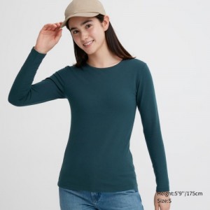 Green Uniqlo HEATTECH Cotton Crew Neck Long-Sleeve Women T Shirts | 3058071
