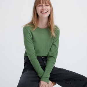 Green Uniqlo HEATTECH Fleece Crew Neck Long-Sleeve Women T Shirts | 1621489