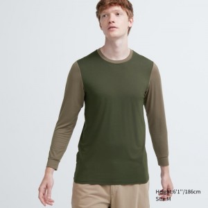 Green Uniqlo Heattech Crew Neck Long Sleeve Men T Shirts | 4204326