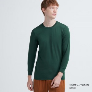 Green Uniqlo Heattech Crew Neck Long-sleeve Men T Shirts | 6752870
