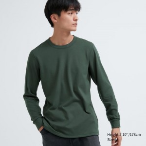 Green Uniqlo Heattech Ultra Warm Crew Neck Men T Shirts | 2186674