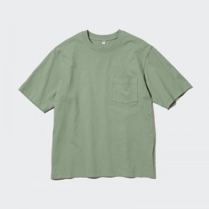 Green Uniqlo Oversized Pocket Crew Neck Half-sleeve Men T Shirts | 2687656