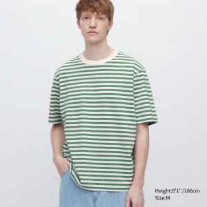 Green Uniqlo Oversized Striped Half-sleeve Men T Shirts | 4225962