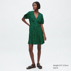 Green Uniqlo Printed V-Neck Short-Sleeve Mini Women Dress | 5587915