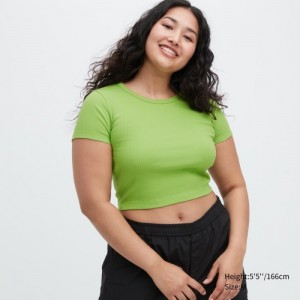 Green Uniqlo Ribbed Crew Neck Short-Sleeve Cropped Women T Shirts | 2656955