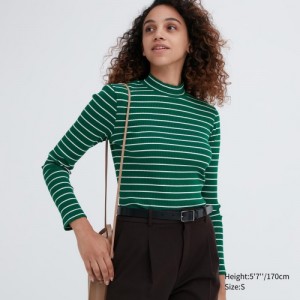 Green Uniqlo Ribbed Striped High Neck Long-Sleeve Women T Shirts | 1464127