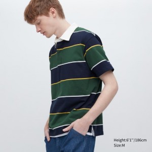 Green Uniqlo Rugger Striped Short Sleeve Men Polo Shirts | 4280322