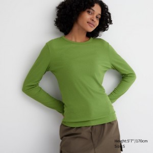 Green Uniqlo Sheer Jersey Crew Neck Long-Sleeve Women T Shirts | 5083267