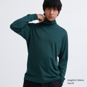 Green Uniqlo Soft Brushed Turtleneck Long-sleeve Men T Shirts | 1554004