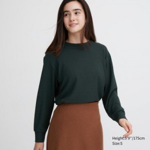 Green Uniqlo Soft Knitted Fleece Crew Neck Long-Sleeve Women T Shirts | 6815943