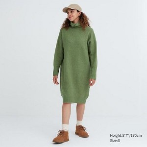 Green Uniqlo Souffle Yarn Turtleneck Women Dress | 4487470