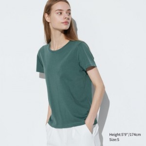 Green Uniqlo Supima Cotton Crew Neck Short Sleeve Women T Shirts | 3513922