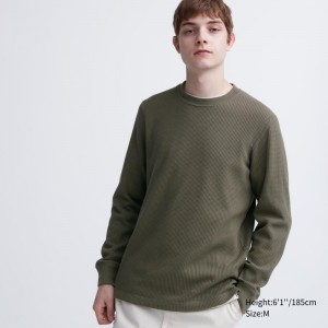 Green Uniqlo Waffle Crew Neck Long-Sleeve Men T Shirts | 4017313