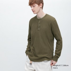 Green Uniqlo Waffle Long-sleeve Henley Men T Shirts | 4960231