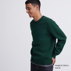 Green Uniqlo Washable Milano Ribbed Crew Neck Men Sweaters | 1403658
