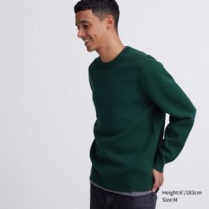 Green Uniqlo Washable Milano Ribbed Crew Neck Long-Sleeve Women Sweaters | 9582186