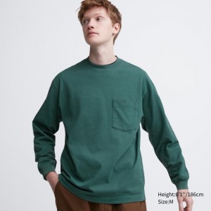 Green Uniqlo Washed Cotton Crew Neck Long-sleeve Men T Shirts | 2374609