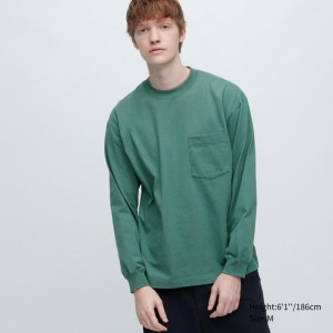 Green Uniqlo Washed Cotton Crew Neck Long-sleeve Men T Shirts | 4364870