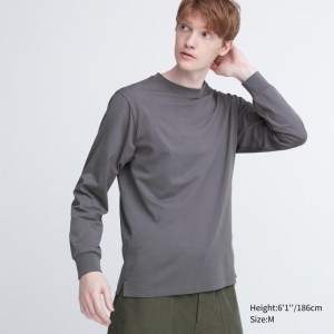 Grey Uniqlo Airism Cotton Uv Protection Crew Neck Long-sleeve Men T Shirts | 4117942