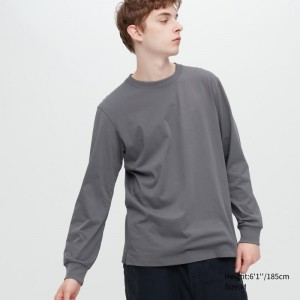 Grey Uniqlo Airism Cotton Uv Protection Crew Neck Men T Shirts | 1384701